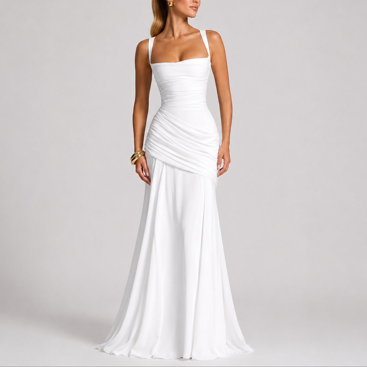 Damen Gerafftes Maxi-Hochzeitskleid mit Quadratausschnitt für Hochzeitsgäste