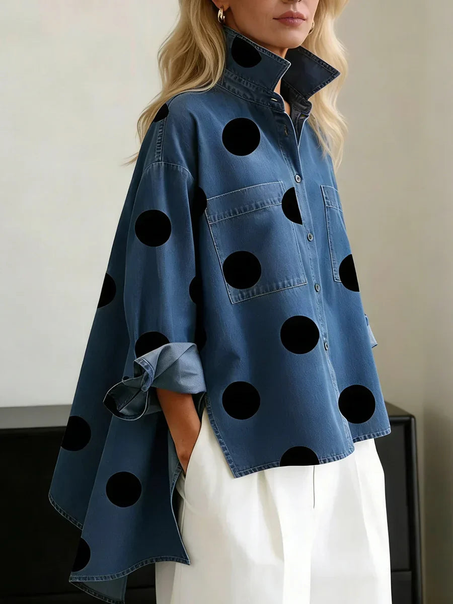 Damen Hemdbluse mit Polka-Dots, Umlegekragen und Brusttaschen