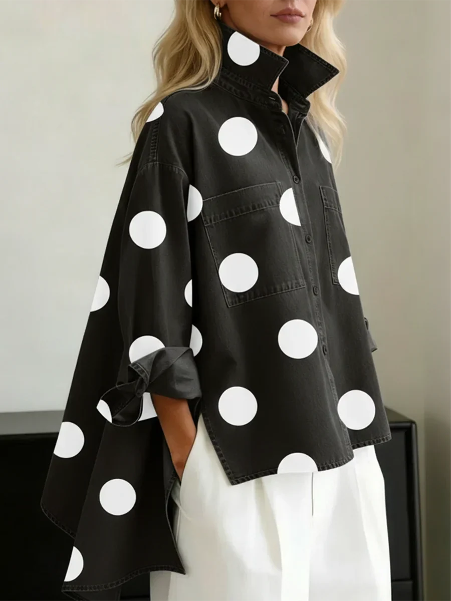 Damen Hemdbluse mit Polka-Dots, Umlegekragen und Brusttaschen