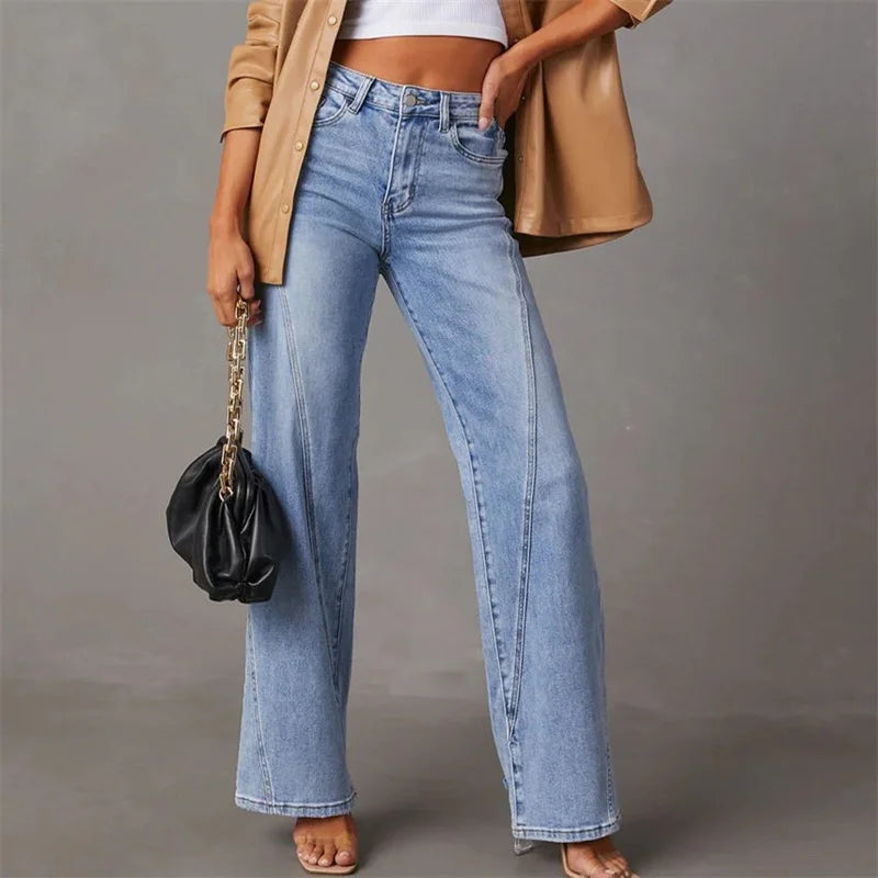 Damen Wide Leg Jeans High Waist hellblau mit diagonalen Ziernähten