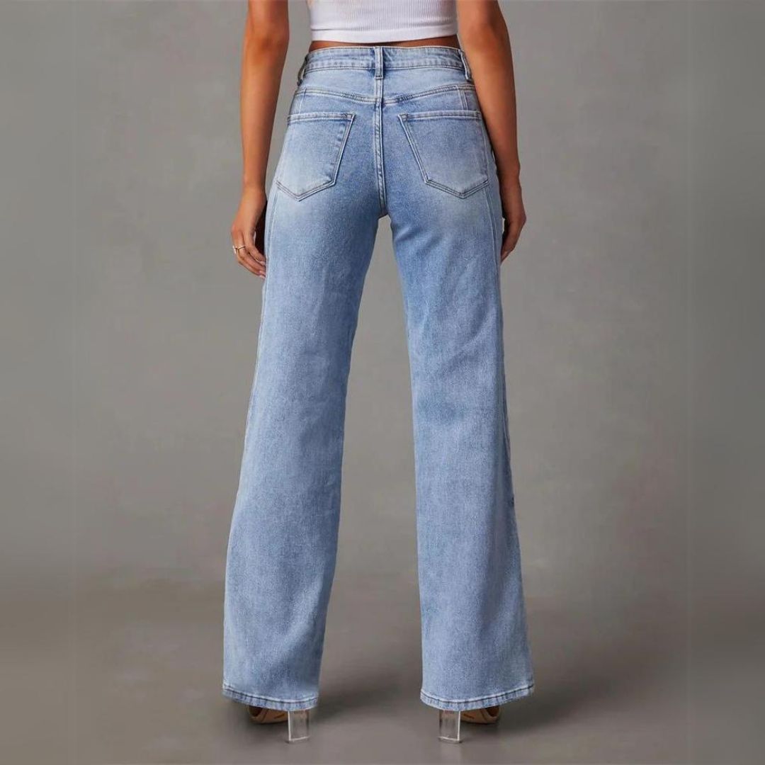 Damen Wide Leg Jeans High Waist hellblau mit diagonalen Ziernähten
