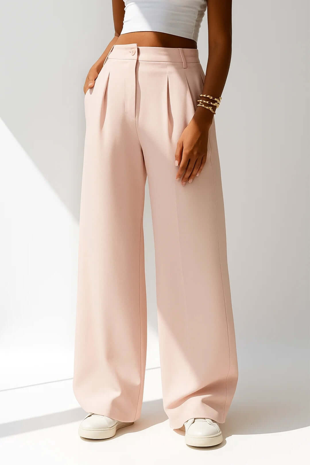 Damen Marlenehose mit Bundfalten – High Waist Wide Leg Hose mit Stretch