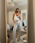 Damen High Waist Hose mit weitem Bein und Biesennaht – beige melierte Stoffhose