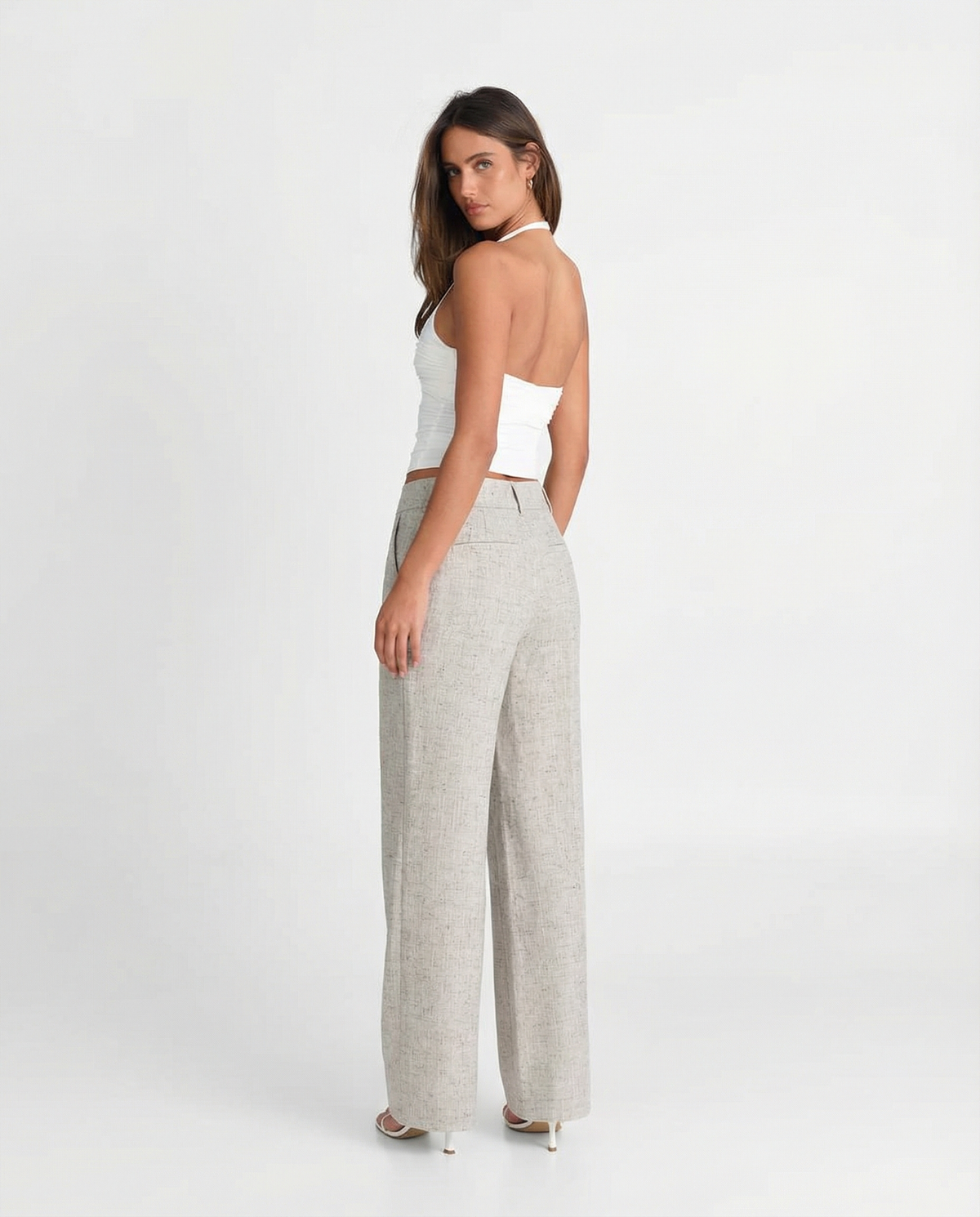 Damen High Waist Hose mit weitem Bein und Biesennaht – beige melierte Stoffhose