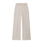 Damen High Waist Hose mit weitem Bein und Biesennaht – beige melierte Stoffhose