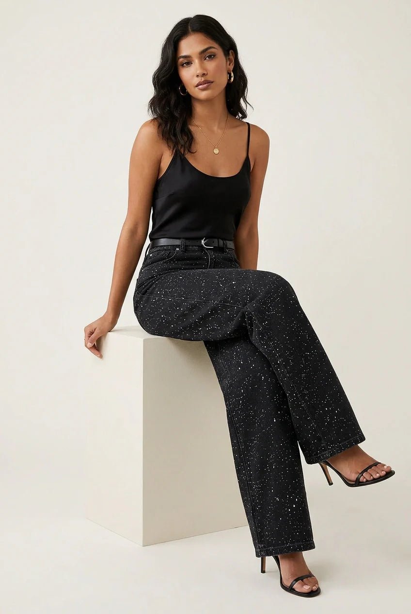 Damen Glitzer Jeans mit Strass – High Waist Straight Leg Jeans für Party & Silvester