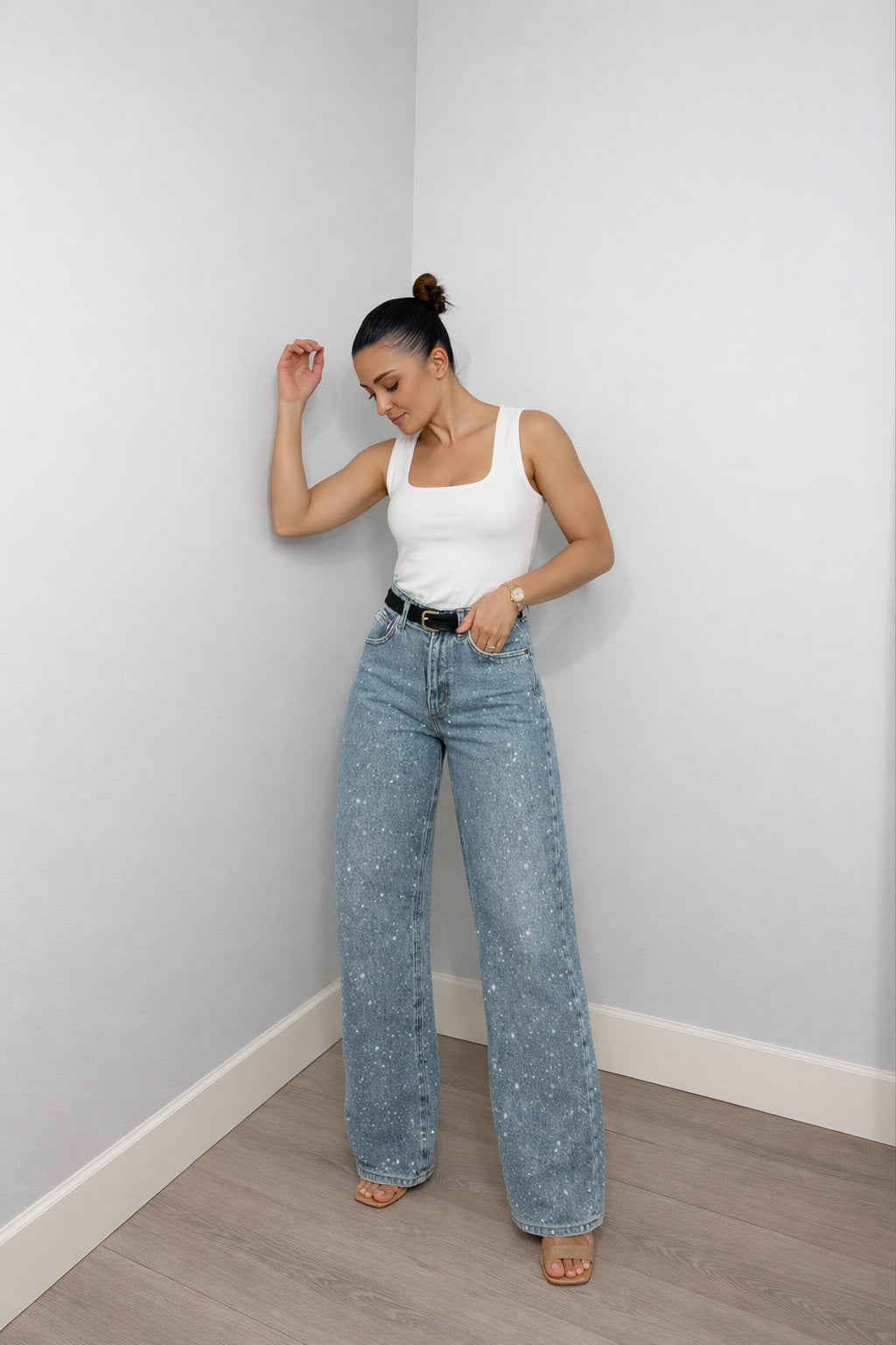Damen Glitzer Jeans mit Strass – High Waist Straight Leg Jeans für Party & Silvester