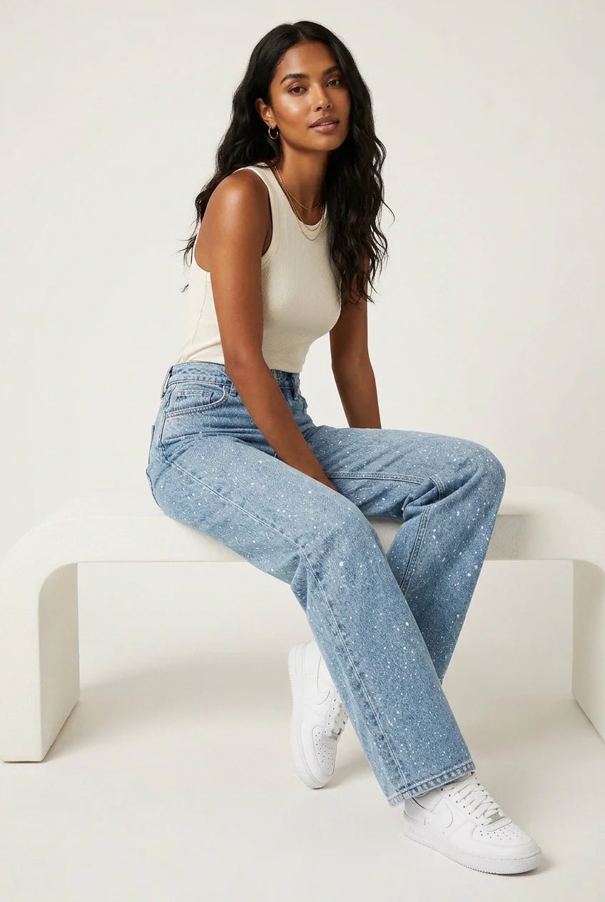 Damen Glitzer Jeans mit Strass – High Waist Straight Leg Jeans für Party & Silvester