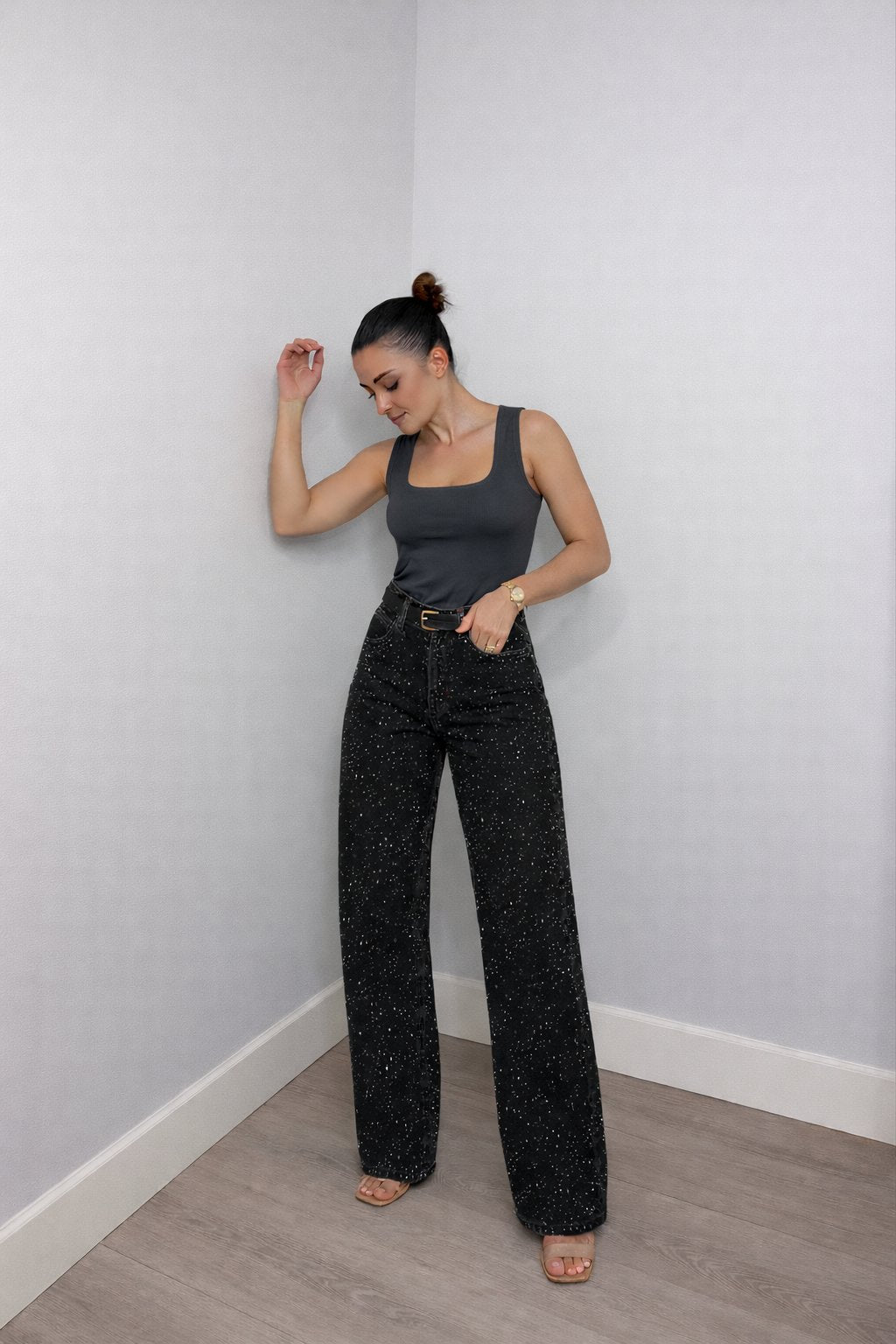 Damen Glitzer Jeans mit Strass – High Waist Straight Leg Jeans für Party & Silvester