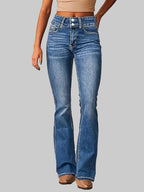 Damen High Waist Bootcut Jeans – Flared Schlagjeans mit Doppelknopf