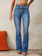 Damen High Waist Bootcut Jeans – Flared Schlagjeans mit Doppelknopf