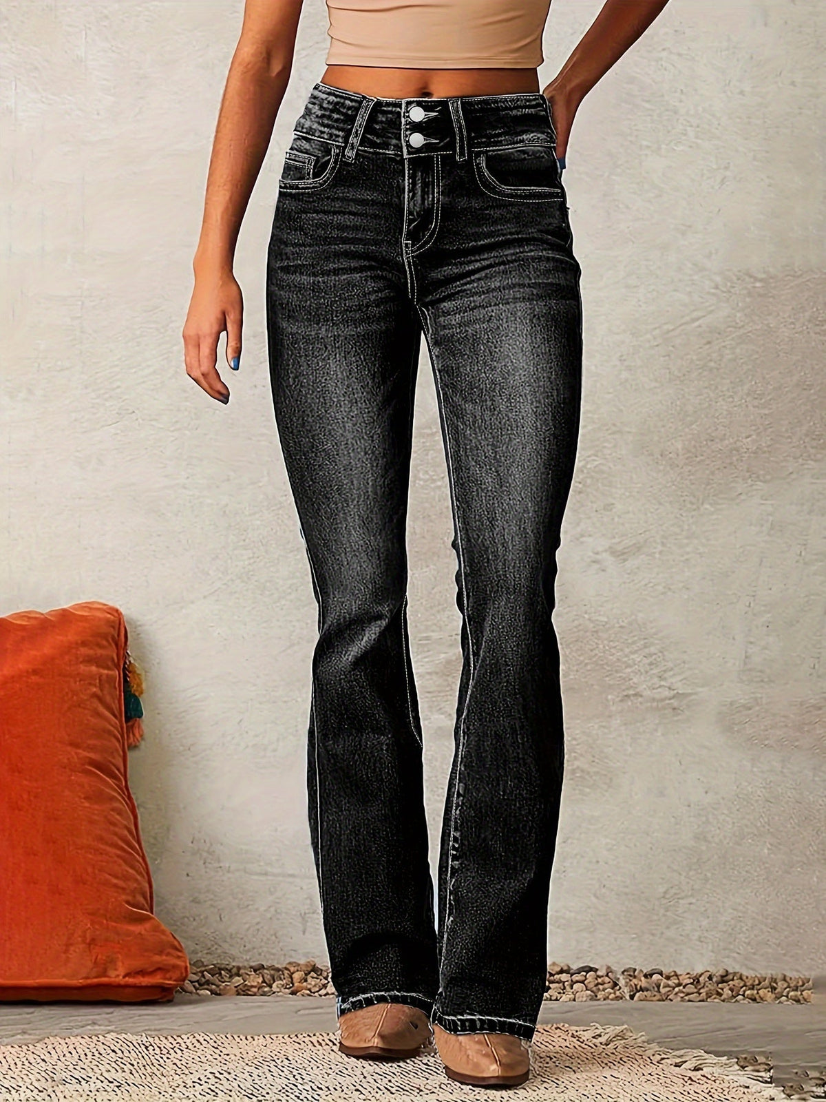 Damen High Waist Bootcut Jeans – Flared Schlagjeans mit Doppelknopf