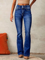 Damen High Waist Bootcut Jeans – Flared Schlagjeans mit Doppelknopf