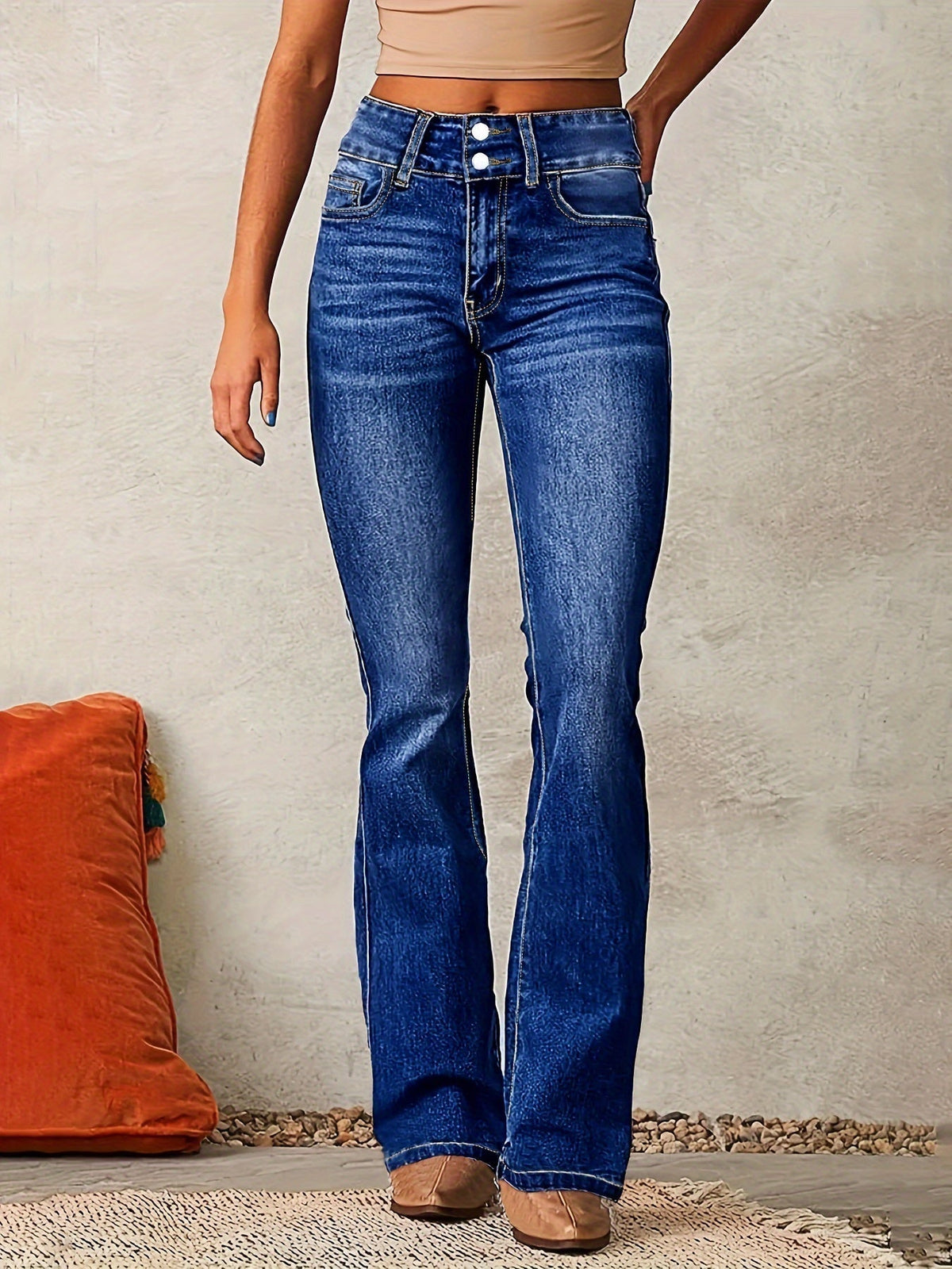 Damen High Waist Bootcut Jeans – Flared Schlagjeans mit Doppelknopf