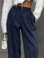 Damen Nadelstreifenhose marineblau High Waist Wide Leg – Business Stoffhose mit Bundfalten