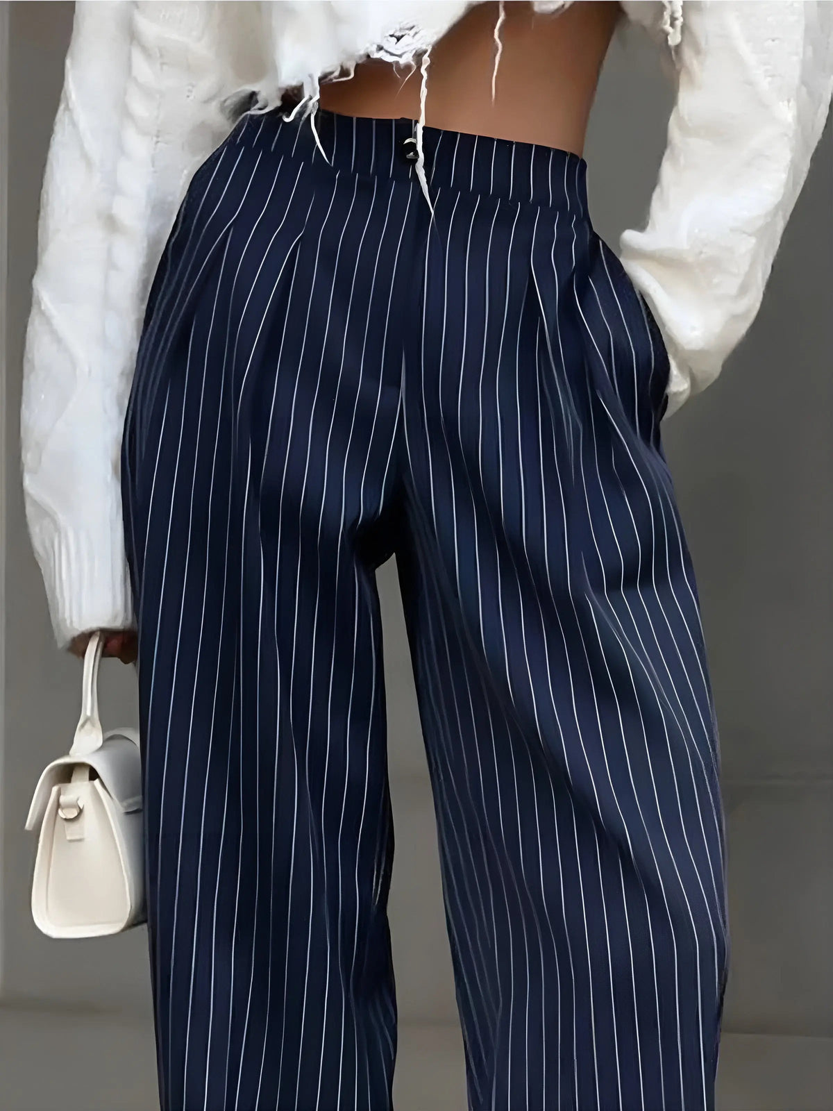Damen Nadelstreifenhose marineblau High Waist Wide Leg – Business Stoffhose mit Bundfalten