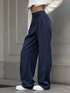 Damen Nadelstreifenhose marineblau High Waist Wide Leg – Business Stoffhose mit Bundfalten