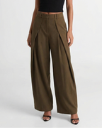 Damen Wide Leg Hose High Waist mit tiefen Bundfalten – Ballonhose in Khaki