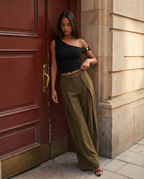 Damen Wide Leg Hose High Waist mit tiefen Bundfalten – Ballonhose in Khaki