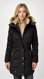 Damen Kapuzen-Wintermantel mit weichem Material und schmalem Schnitt