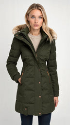 Damen Kapuzen-Wintermantel mit weichem Material und schmalem Schnitt