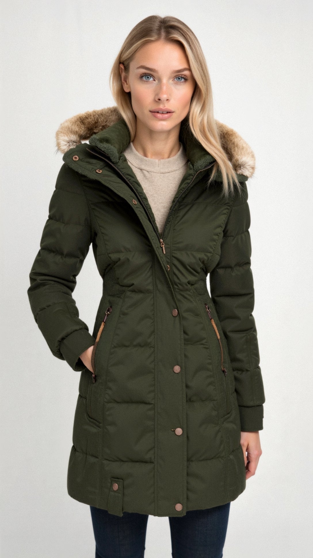 Damen Kapuzen-Wintermantel mit weichem Material und schmalem Schnitt