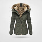 Damen Kapuzen-Wintermantel mit weichem Material und schmalem Schnitt