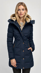 Damen Kapuzen-Wintermantel mit weichem Material und schmalem Schnitt