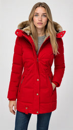 Damen Kapuzen-Wintermantel mit weichem Material und schmalem Schnitt