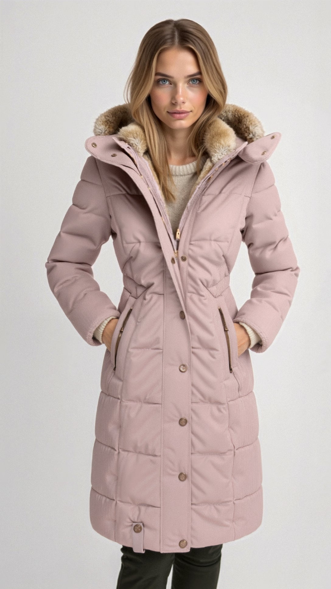 Damen Kapuzen-Wintermantel mit weichem Material und schmalem Schnitt