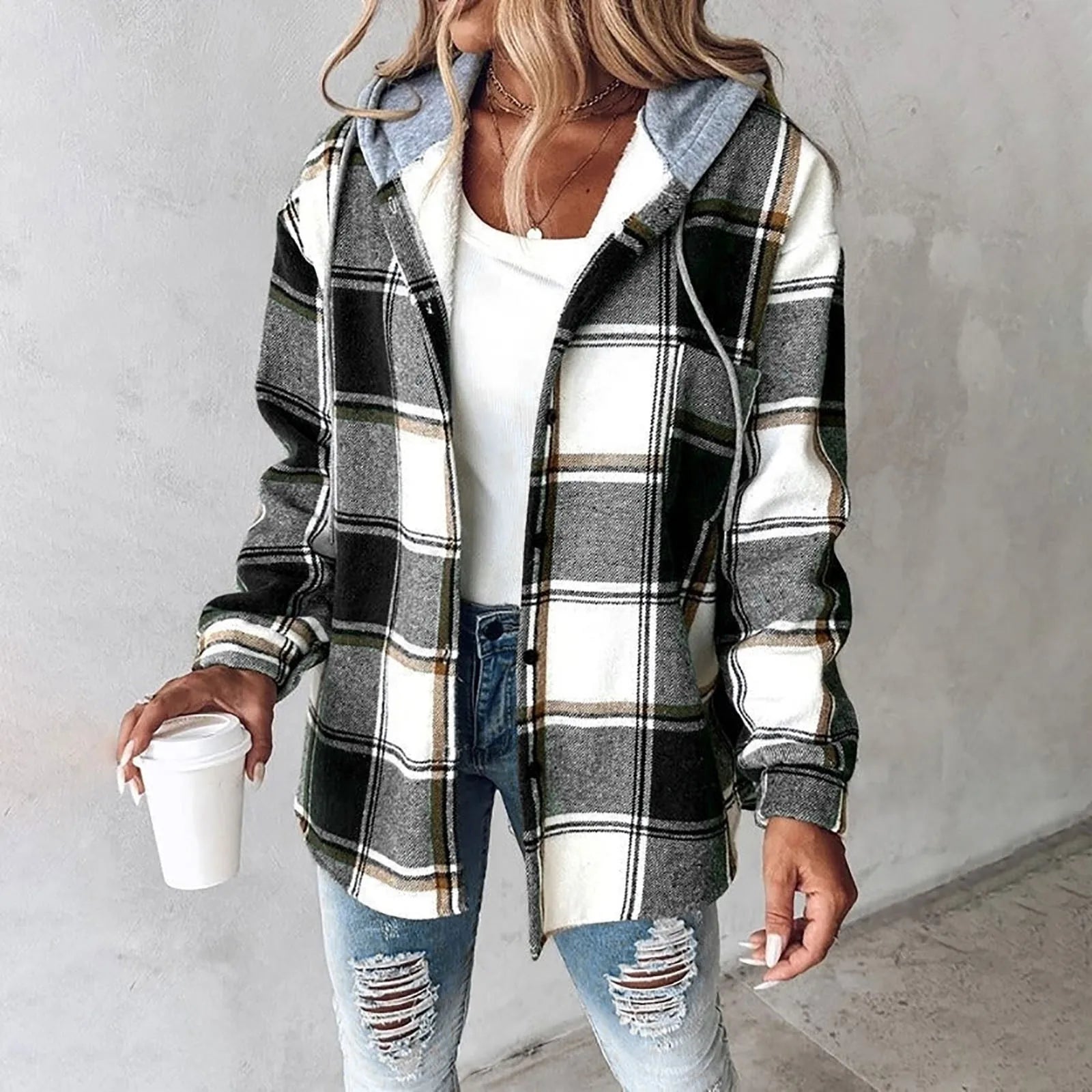 Damen Karo-Hoodie-Jacke für den Winter
