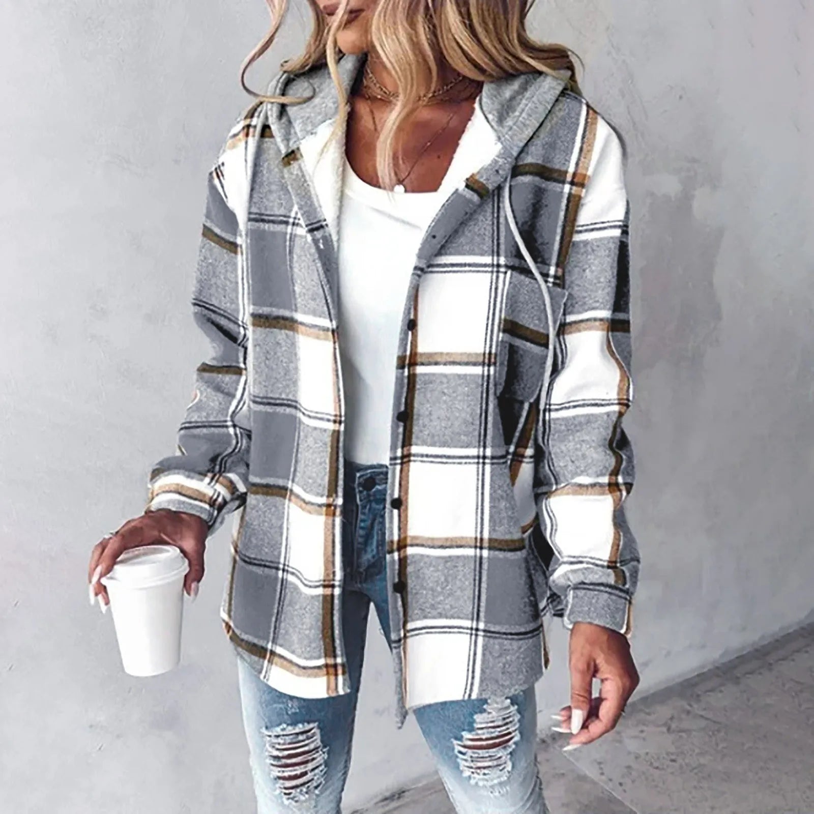 Damen Karo-Hoodie-Jacke für den Winter