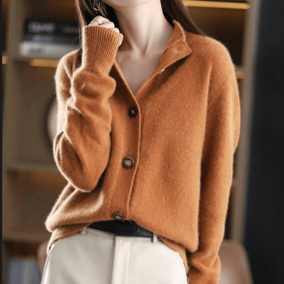 Damen Kaschmirmix-Cardigan mit Knopfleiste und Rundhalsausschnitt