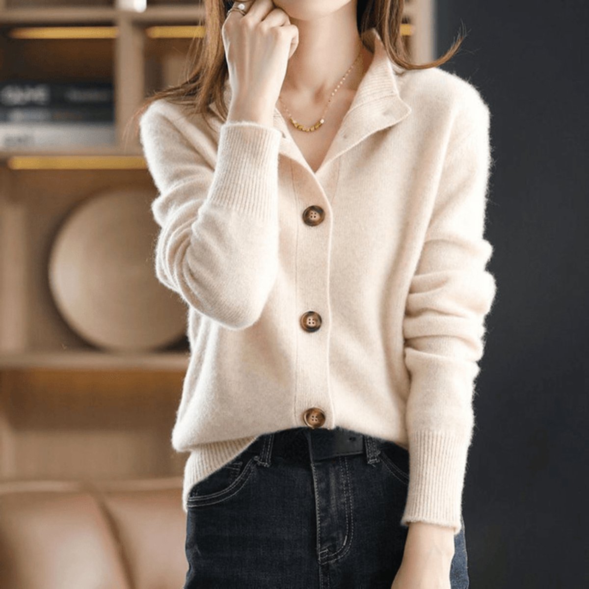 Damen Kaschmirmix-Cardigan mit Knopfleiste und Rundhalsausschnitt