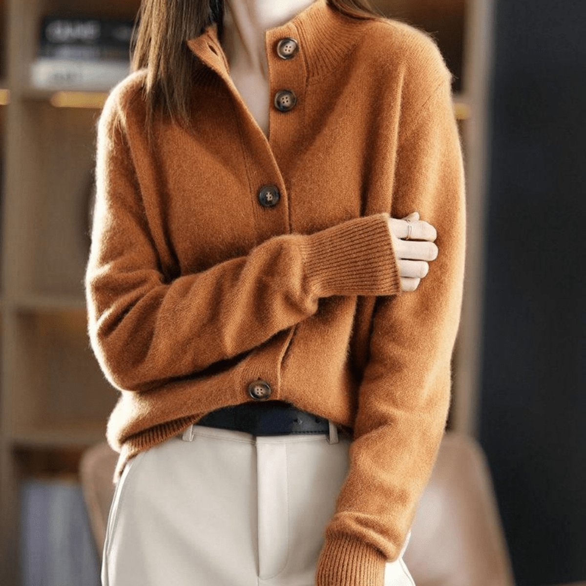 Damen Kaschmirmix-Cardigan mit Knopfleiste und Rundhalsausschnitt