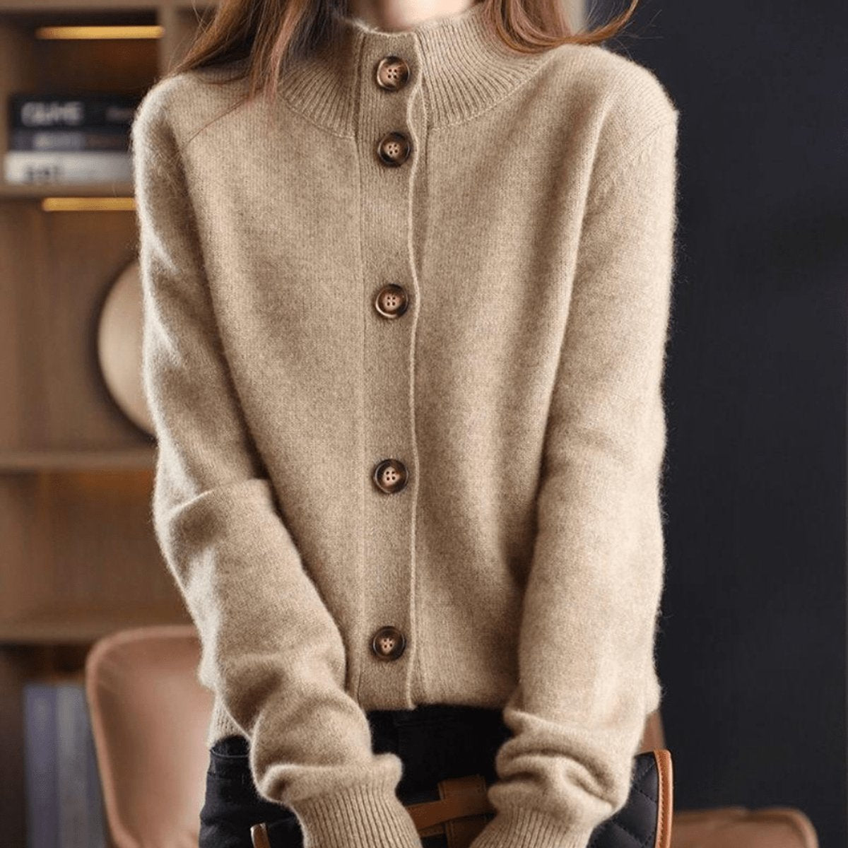 Damen Kaschmirmix-Cardigan mit Knopfleiste und Rundhalsausschnitt