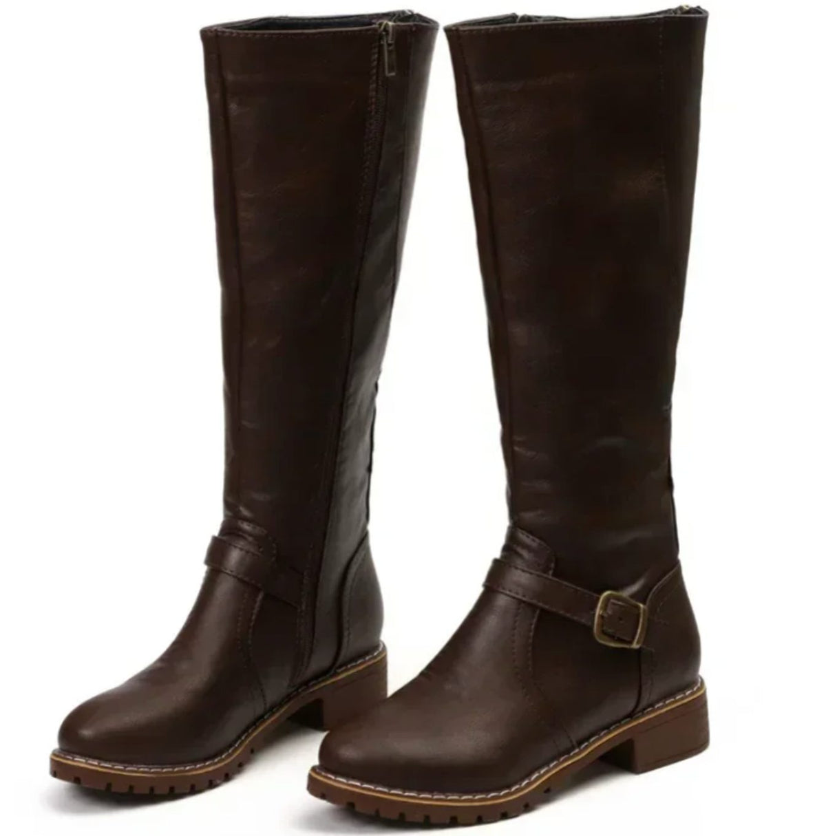 Damen Kniehohe Lederstiefel mit Schnallenriemen – Reiterstiefel mit Blockabsatz, Herbst Winter