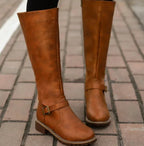 Damen Kniehohe Lederstiefel mit Schnallenriemen – Reiterstiefel mit Blockabsatz, Herbst Winter