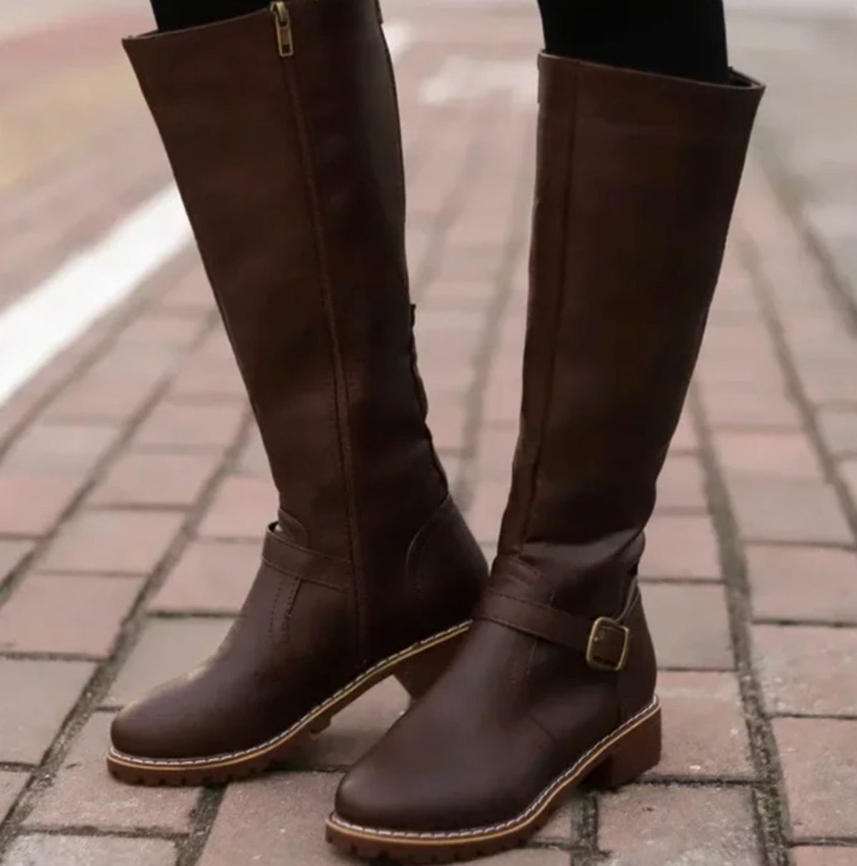 Damen Kniehohe Lederstiefel mit Schnallenriemen – Reiterstiefel mit Blockabsatz, Herbst Winter