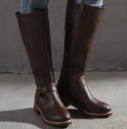 Damen Kniehohe Lederstiefel mit Schnallenriemen – Reiterstiefel mit Blockabsatz, Herbst Winter