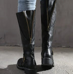 Damen Kniehohe Lederstiefel mit Schnallenriemen – Reiterstiefel mit Blockabsatz, Herbst Winter