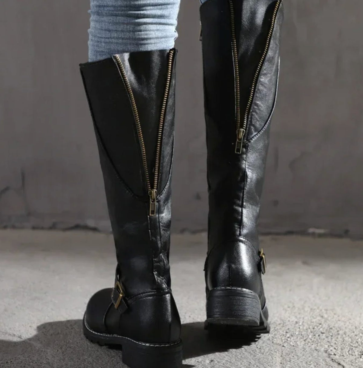 Damen Kniehohe Lederstiefel mit Schnallenriemen – Reiterstiefel mit Blockabsatz, Herbst Winter