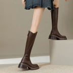 Damen Kniehohe Lederstiefel mit Reißverschluss hinten – Profilsohle, wahlweise mit Fell, Herbst Winter