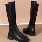 Damen Kniehohe Stiefel Schwarz aus Kunstleder mit goldener Schnalle – Stiefel mit Blockabsatz, Herbst Winter