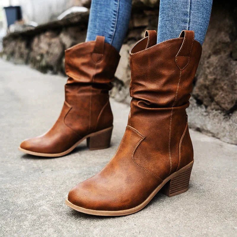 Damen Stiefel in Crush-Leder-Optik mit bequemem Absatz