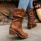 Damen Stiefel in Crush-Leder-Optik mit bequemem Absatz
