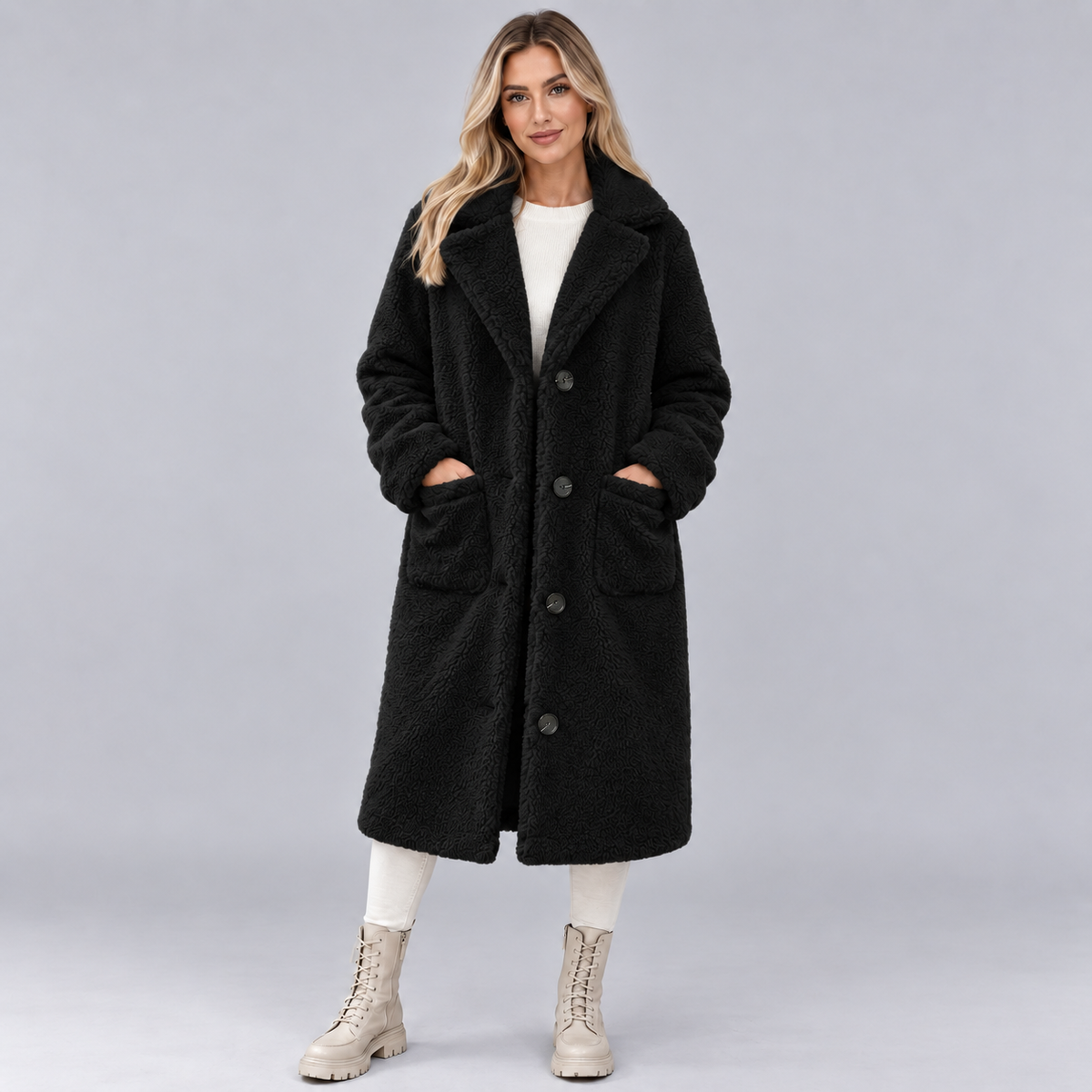Damen Langer Teddymantel mit Knopfleiste – Flauschiger Kunstfellmantel mit Futter, Herbst Winter