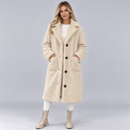 Damen Langer Teddymantel mit Knopfleiste – Flauschiger Kunstfellmantel mit Futter, Herbst Winter