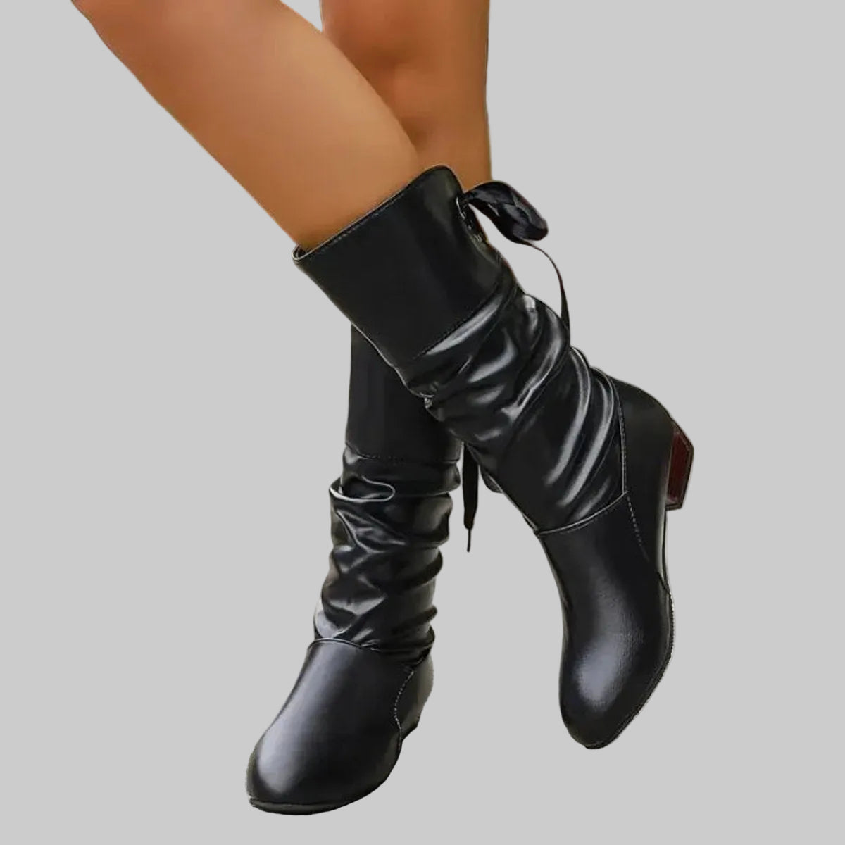Damen Kunstleder-Schnürstiefeletten mit Blockabsatz und gerafftem Wadenschaft