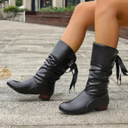 Damen Kunstleder-Schnürstiefeletten mit Blockabsatz und gerafftem Wadenschaft